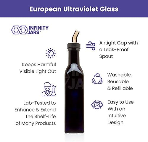 Infinity Jars Black Ultraviolet Square Glass Oil Bottle 250Ml (8.5 Fl oz) w/Plastic Pour Spout, Airtight Round Refill Vinegar Cruet Cooking Oil Dispenser Bottle, Olive Oil Bottle for Kitchen 3-Pack