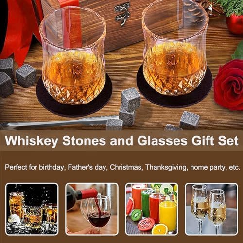 Whiskey Stones Gift Set, Includes 2 Whiskey Glasses, 8 Chilling Whiskey Stones in Wooden Gift Box, Unique Gifts for Men Birthday Christmas Valentine Drinking Gift for Dad Husband Party Holiday Present