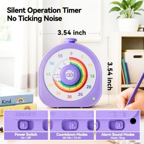 Visual Timer for Kids, Rechargeable Rainbow 60-Min/12-Hour Switchable Countdown Timer, Magnetic Timer with Pomodoro Mode, ADHD Time Management Tool for Classroom,Home with Silent Operation, Purple