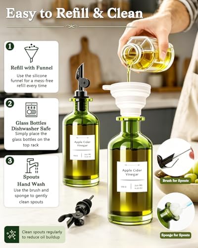 COOLMI Olive Oil Dispenser Set of 2, Dark Green Glass Bottles, 12 oz
