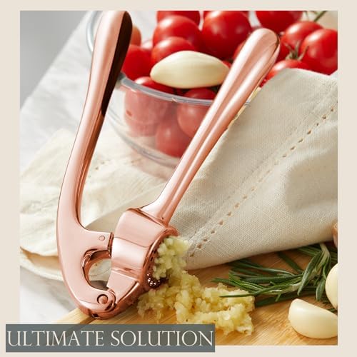 Kitessensu High Effective Premium Garlic Press Set, With Silicone Garlic Peeler & Brush, Heavy Duty Garlic Mincer, Easy to Squeeze and Clean, Rust Proof & Dishwasher Safe - Rose Gold