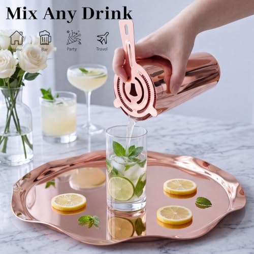Boston Cocktail Shaker Set, 18 oz & 28 oz 2-Piece Tins, 304 Stainless Steel Bartender Kit 5-Piece Bar Tool Set with Recipe Book, Perfect for Novices & Pros, Home and Bar Use (RoseGold)