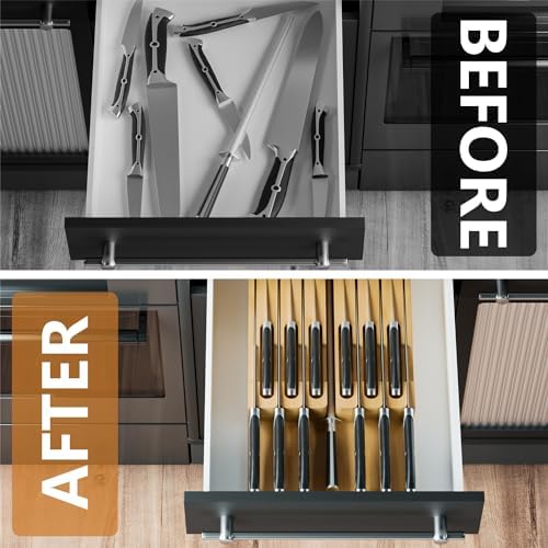 Domax Bamboo In-Drawer Knife Block - Kitchen Drawer Organizer Insert, Steak Knife Holder without Knives, Fits 12 Knives and 1 Sharpening Steel (Not Included), Natural
