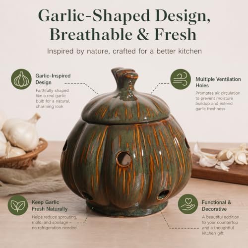 Ceramic Garlic Keeper Storage Holder Jar with Lid, Kitchen Countertop Large Garlic Canister Cellar Saver Holder Crock Container. (Green)