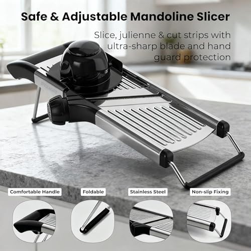 Mandoline Slicer for Kitchen, Adjustable Vegetable Slicer with Julienne Blade, Stainless Steel Food Cutter with Hand Guard for Potatoes, Cucumbers, Onions & Meal Prep