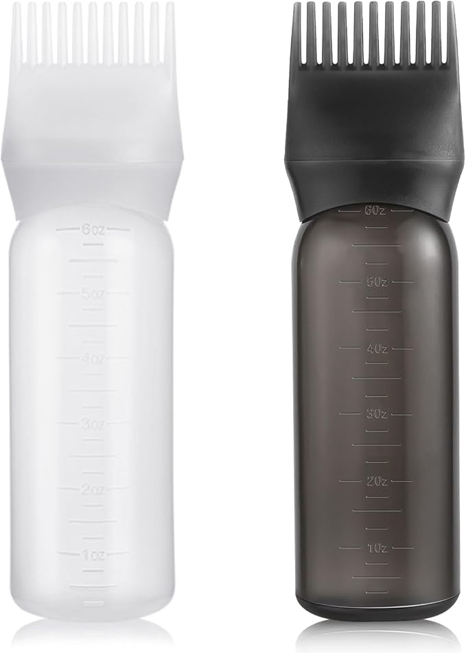 Pimoys 2 Pcs 6Oz Root Comb Hair Dye Oil Applicator Bottles For Scalp | Black White, Plastic Squeeze Bottle Dispenser with Graduated Scale, Comb Tip Applicator For Hair Coloring Oiling Home Salon
