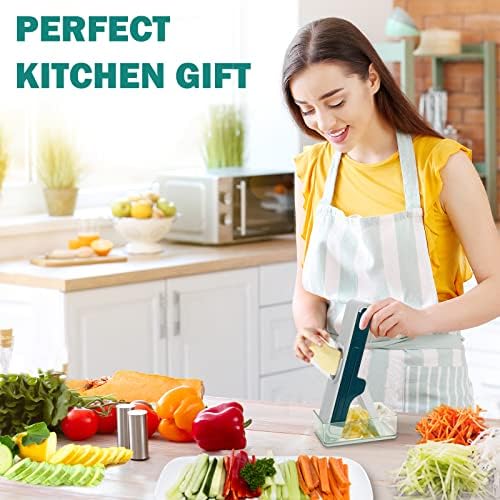 Safe Mandoline Slicer for Kitchen, 5 in 1 Slicer Kitchen Chopping Artifact Multifunctional Vegetable Cutter, Meat Tomato Potato Slicer Food Chopper with Container grey blue