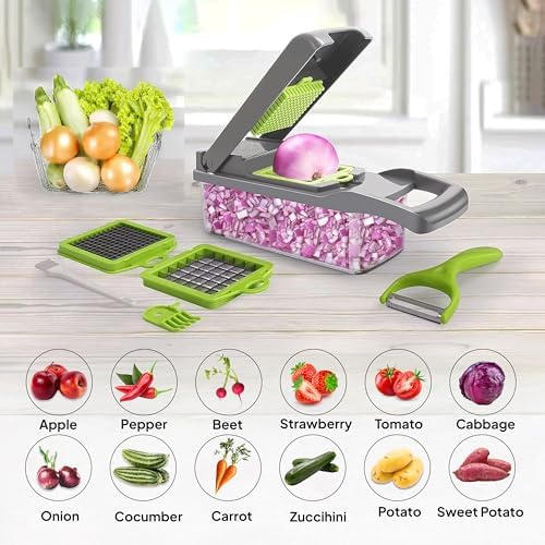 16-in-1 Vegetable Chopper, Mandoline Slicer & Onion Dicer with 1.2L Container, Food Chopper with Stainless Steel Blades, Vegetable Cutter, Cheese Grater, Potato Slicer, Kitchen Gadget