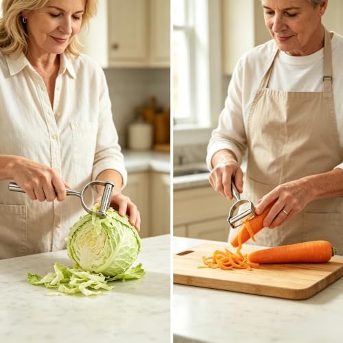 2-in-1 Julienne Peeler, Stainless Steel Multi-Functional Vegetable Peeler, Sharp Blade Cabbage Peeler Carrot Peeler with Non-Slip Extended Handle, Food Grade Kitchen Peeler for Fruit Vegetable Prep