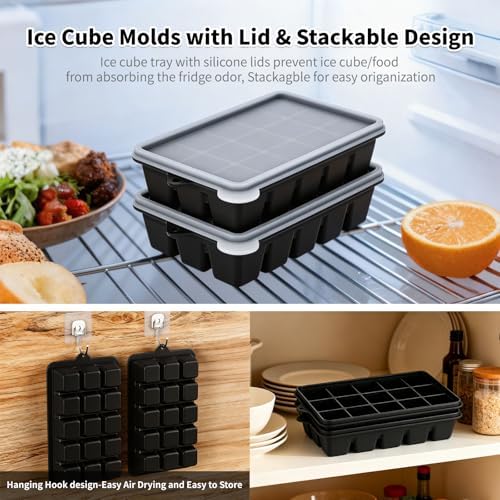 Silicone Ice Cube Trays, Easy Release Ice Cube Molds with Removable Lid, Freezer Stackable Ice Trays for Whiskey, Cocktail, Drinks and Food, Freezer, BPA Free