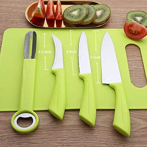 5 Piece Kitchen Knife Set Sharp Stainless Steel Blade, Utility Knife Peeler Paring Vegetable Potato Corer and Peeling with Cutting Board Green & Pink (Green)