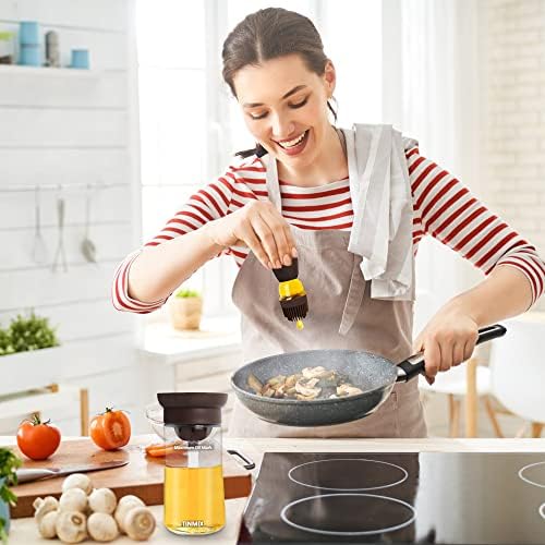 2 Pack Oil Dispenser with Brush - 2 IN 1 180ml Glass Olive Oil Dispenser Bottle with Basting Brush for Cooking Frying Kitchen, T-OB21S, Brown+Grey