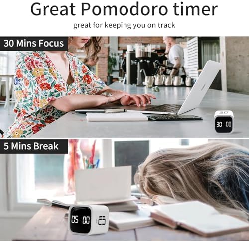 Productivity Timer Flip Gravity Sensor Cube Timer Countdown & Countup,Mute & Vibrate & Sound,5/10/30/60min & Custom Timing, Perfect for ADHD,Work,Learning,Kitchen Cooking (1White)