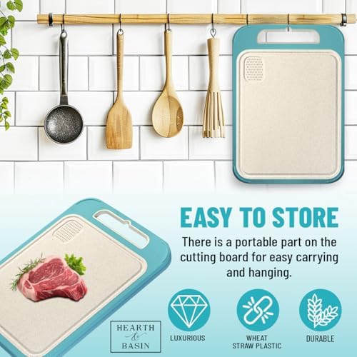 Non Plastic Cutting Board for Kitchen, 14" x 11", Double Sided Wheat Plate Stainless Steel, Scratch Resistant, Juice Groove, Non-Slip, Garlic Grater, Sourced in USA