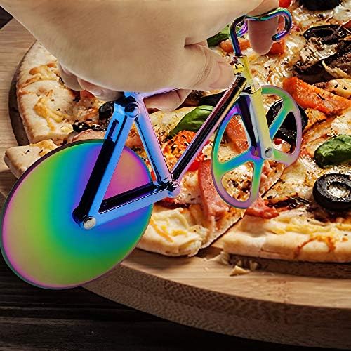 Bicycle Pizza Cutter Wheel, Supuca Stainless Steel Bike Pizza Slicer with BBQ Brush and Stand, Non-Stick Dual Cutting Wheels - Cool Kitchen Gadget Gift