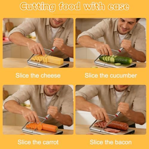 Cheese Slicer, Stainless Steel Cheese Cutter Board and Measuring Grids, Multipurpose Cheese Cutter for Block Cheese, Butter, Sausages, Fruits Kitchen Gadget Cheese Tool