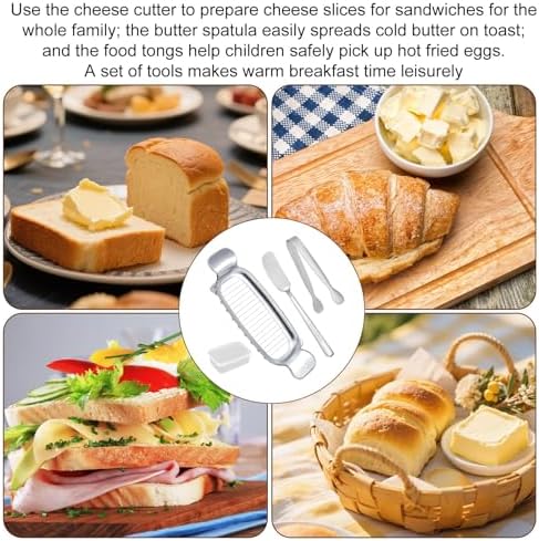 lasuroa 4pcs Butter Slicer Cutter Set with Storage Box, Stainless Steel Knife Spreader, Wire Cheese Slicer and Serving Tongs Kitchen Food Tool for Block Cheese and Butter