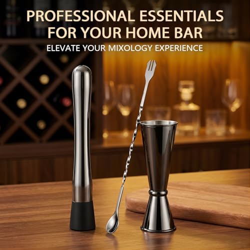 8 Inches Stainless Steel Muddler for Cocktails, Matching Jigger and Bar Spoon with Cocktail Muddler - 3 Pcs Drink Muddler for Cocktails