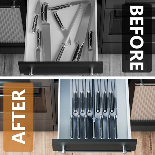 Domax Knife Drawer Organizer Insert Bamboo for 12 Knives, Gray