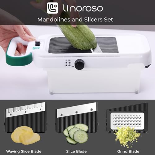 linoroso Adjustable Mandoline Food Slicer 5 in 1, Mandoline Slicer for Kitchen with Container, Vegetable Chopper Shredder Wave Cutter for Potato, Carrot, Zucchini, Grindder for Cheese Lemon