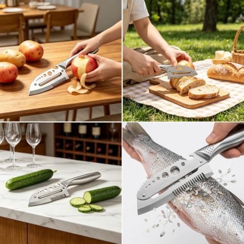 7 in 1 All Stainless Steel Multi Functional Vegetable Peeler for Kitchen, Smooth Potato Peeler with Herb Stripper, Scallion Shredder, Fish Scaler, Bottle Opner
