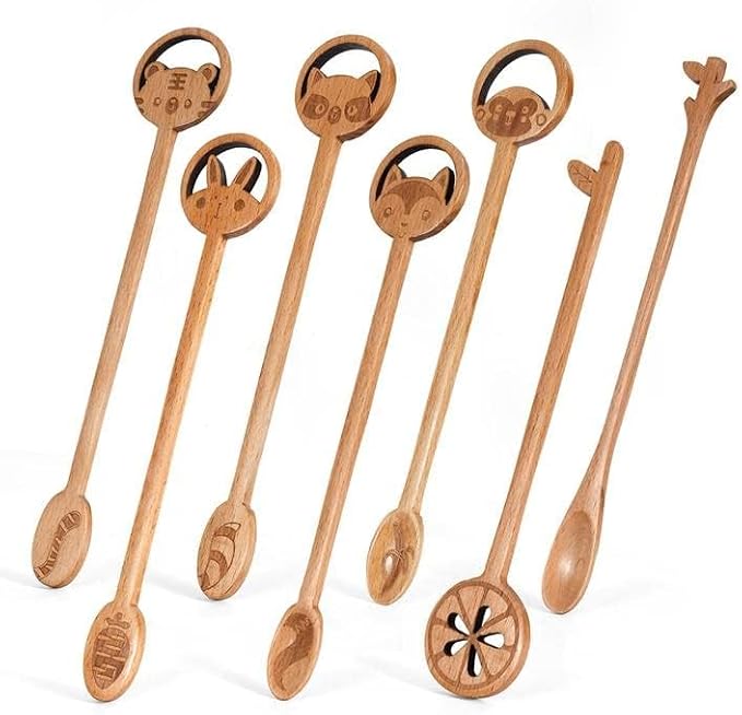 7 Pack Wood Mixing Spoons Long Handle Wooden Dessert Spoons Wood Coffee Spoons for Kitchen Stirring Cooking