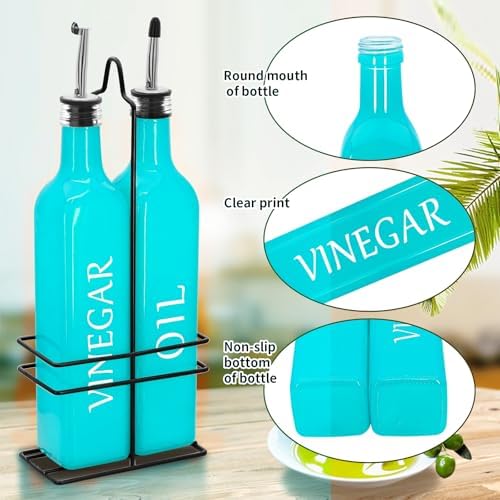 Farmhouse Oil and Vinegar Dispenser Set, 17 oz, beautiful olive oil dispenser, includes a black steel rack and a funnel, vintage cruets for vinegar and oil (Turquoise)