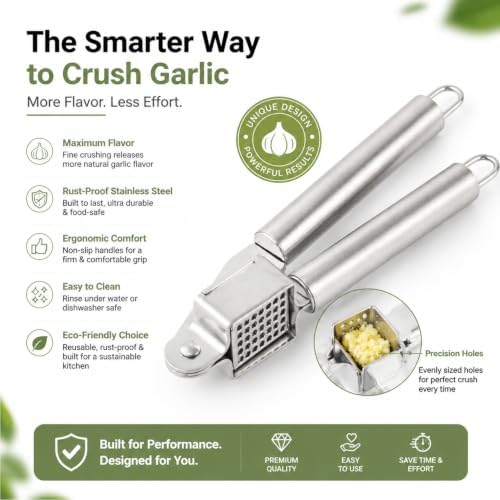 Garlic Press Stainless Steel Heavy Duty | Ergonomic Easy-Press Garlic Mincer for Arthritis & Weak Hands | Easy to Clean, Dishwasher Safe Manual Garlic Crusher for Home Kitchen