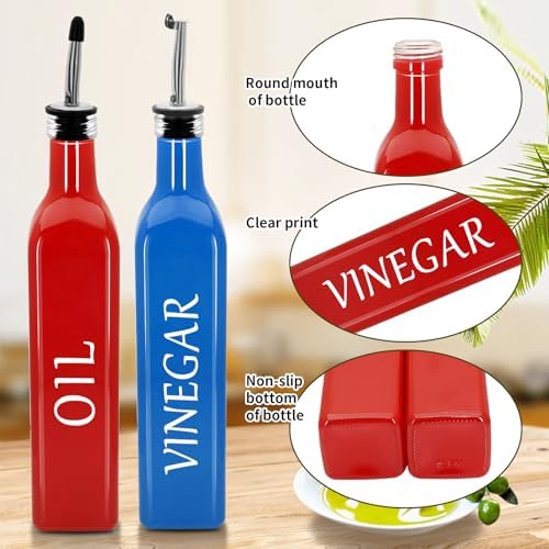 Olive Oil Dispenser Bottle,2 Pcs 17oz 500ml Glass O il and Vinegar Dispenser Set with 2 Stainless Steel Pourers, 8 Labels,Funnel Vinegar Bottles for Kitchen (Red Oil & Blue Vinegar)