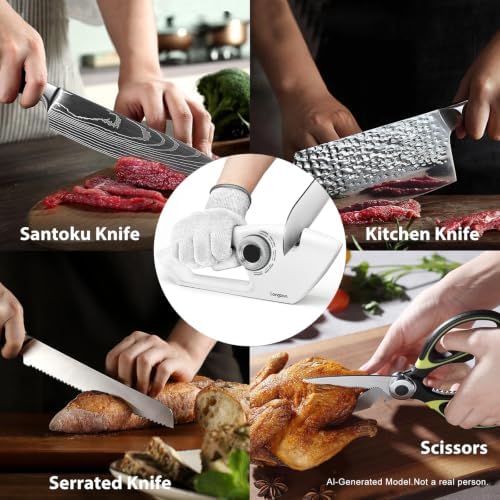 Longzon 6-in-1 Knife Sharpener 5 Stage with Cut-Resistant Glove,White+Gray