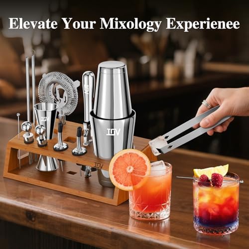 IOV Mixology Bartender Kit Bar Set with Stand | 17-Piece Cocktail Shaker Set | 28oz Boston Shaker Drink Mixer Set with All Essential Accessory Tools | Fun Housewarming Gift
