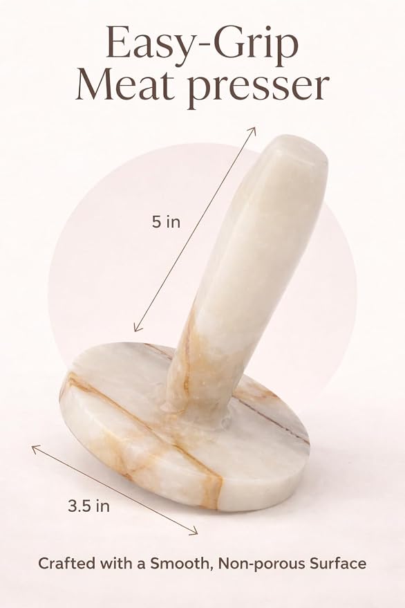 Marble Meat Pounder Tenderizer 5" Inches White Onyx Handmade Round Chicken Flattener Tool - Works Great As A Smash Burger Press - Meat Flattener for Steak, Chicken, Pork
