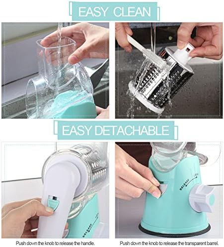 Cambom Rotary Cheese Grater Hand Crank Cheese Shredder for Fresh Cheese, Vegetable, Nuts,Non-slip Suction Base,Three Blades,Blue