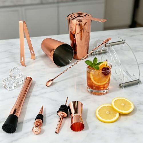 9-Piece Cocktail Shaker with Stand, 25oz Bartender Kit, Cocktail Shaker with Strainer Set, Boston Shaker Set, Bar Set Jigger for Bartending Drink Mixer Set, Cocktail Set Recipes (Rose Gold-25/20oz)