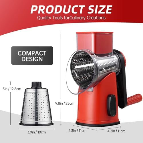 Rotary Hand Crank Cheese Grater,Cheese Shredder Vegetable Slicer(Red)