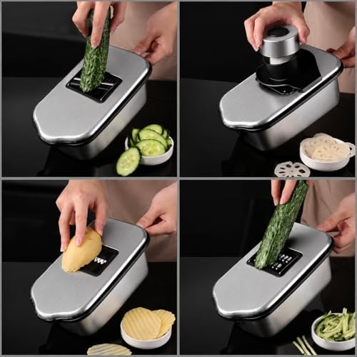 Vegetable Chopper, Stainless Steel Food Dicer and Mandoline Slicer with Drain Holes and Storage Container, Dishwasher Safe Food Chopper for Onion, Potato, Cucumber, Carrot and More