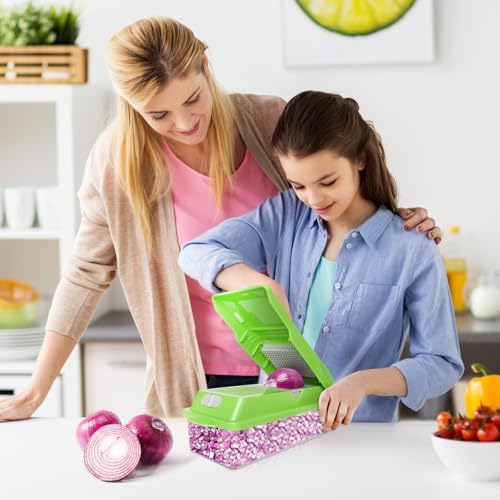 Veggie Chopper with Container, 7 in 1 Manual Food Chopper Cutter, Green