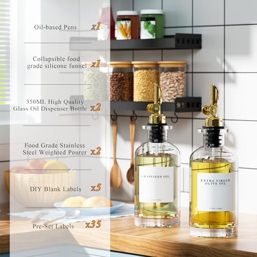 2 Pack Olive Oil Dispensers Bottle for Kitchen, Glass Cooking Oil Dispenser, Oil and Vinegar Dispenser Set with Weighted Pourer and 40 Labels, Gold 12 oz