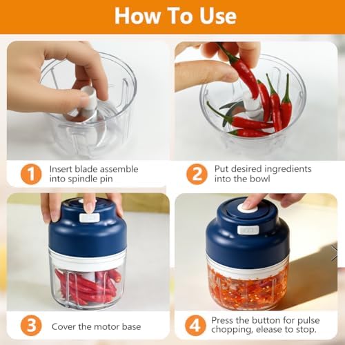 Electric Garlic Chopper, Upgrade 6 Blades, 320ML Wireless Food Processor, Mini Grinder for Kitchen,Mashing Nuts Chili Onion Minced Meat and Spices USB Rechargeable