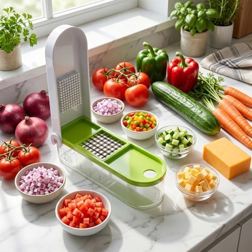 Vegetable Chopper - Manual Veggie Dicer and Food Cutter with 2 Stainless Steel Blades, 2-Cup Storage Container, Cleaning Tool - Onion Slicer, Fruit Salad Maker, Dishwasher Safe