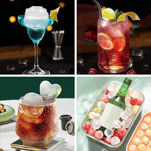 Silicone Ice Molds Fun Shapes Set, Heart Rose Ice Cube Mold, Small Round Ice Cube Tray, Makes 22 Sphere & 3 Heart 3 Rose Shape Ice Balls for Chilling Whiskey Cocktails, 2 Ice Trays with Bin Scoop Tong