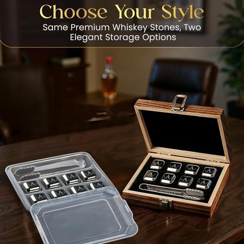 Whiskey Stones Gift Set, Custom Monogram 5, 8pcs Steel, Wood Box