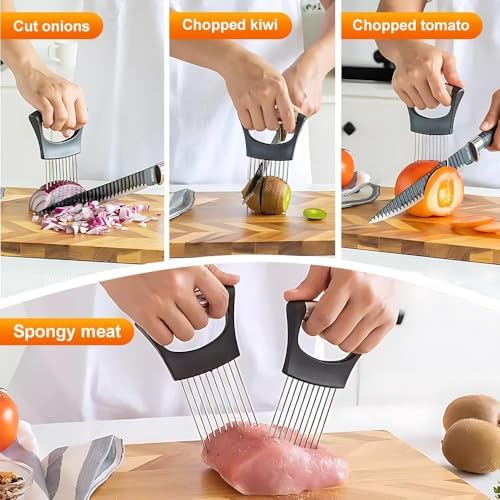 Onion Holder for Slicing, 2026 New Stainless Steel Onion Slicer Vegetable Chopper,Cutter for Meat, Onion, Potato, Tomato,Fruit,Food Slicer Assistant Tool,kitchen gadgets (Black 2PC)
