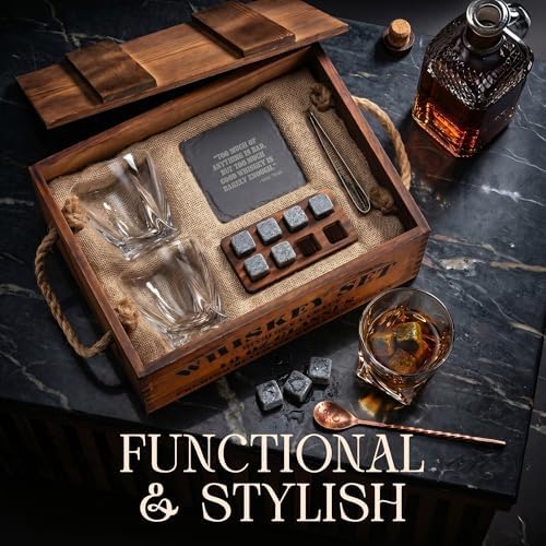 Mixology & Craft Premium Whiskey Set | Two 10oz Cystal Old-Fashioned Glasses, 8 Granite Chilling Stones, Metal Tongs, Recipe Cards in Rustic Wooden Crate Gift Set | Jameson Whiskey