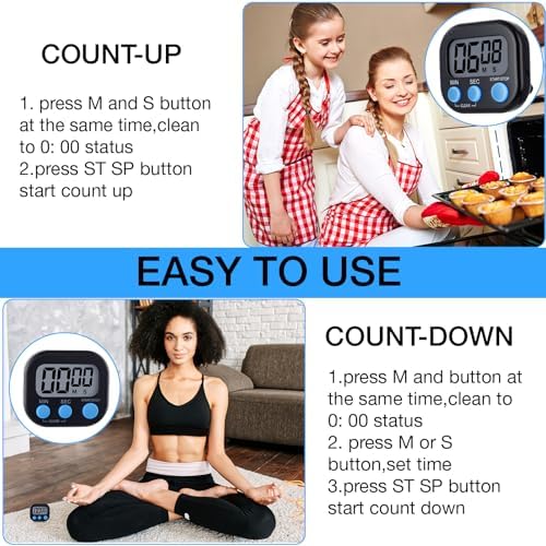 Leumoi 24 Pack Multi-Function Digital Timers with Magnetic Back, Large LCD Display, Loud Alarm, Count up & Countdown, Memory Function for Cooking, Classroom, Study, Exercise & Work(Black and Blue)