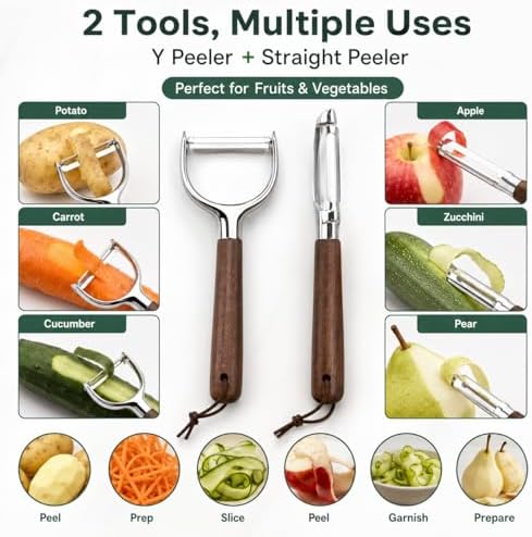 Premium 2-Piece Vegetable Peeler Set – Y & Straight Peeler with Walnut Handle, Stainless Steel Multifunctional Kitchen Tool for Potato, Carrot & Fruit Peeling