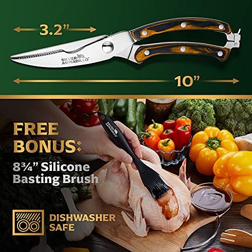 Heavy Duty Poultry Shears - Professional Stainless Steel Kitchen Scissors for Chicken, Meat, & Bone - Spring Loaded Food Shears with Ergonomic Brown Wooden Handle