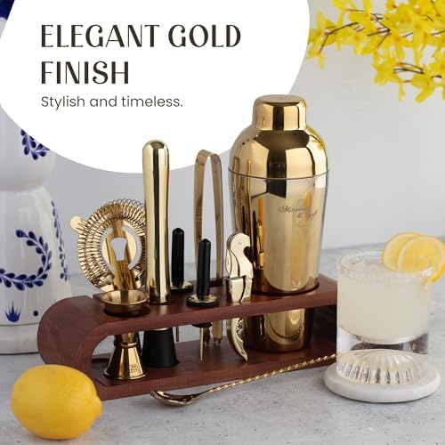 Mixology & Craft Cocktail Shaker Set with Dark Bamboo Stand - Professional 10-Piece Bartender Kit - Complete Bar Set & Cocktail Mixer Kit for Home (Gold)