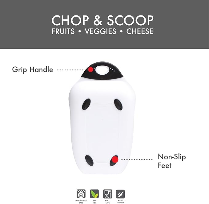 Dexas Chop & Scoop Cutting Board with Non-Slip Feet, 6.5 x 10.5 Inch, BPA-Free Dishwasher Safe Kitchen Prep Board, White and Black