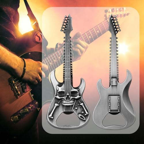 Skull Guitar Bottle Opener, Beer Opener with Gift Bag, Portable Bottle Opener, Father Birthday Gifts, Christmas Gifts for Men, Women, Boyfriend, Dad, Guitar Lovers, Silver